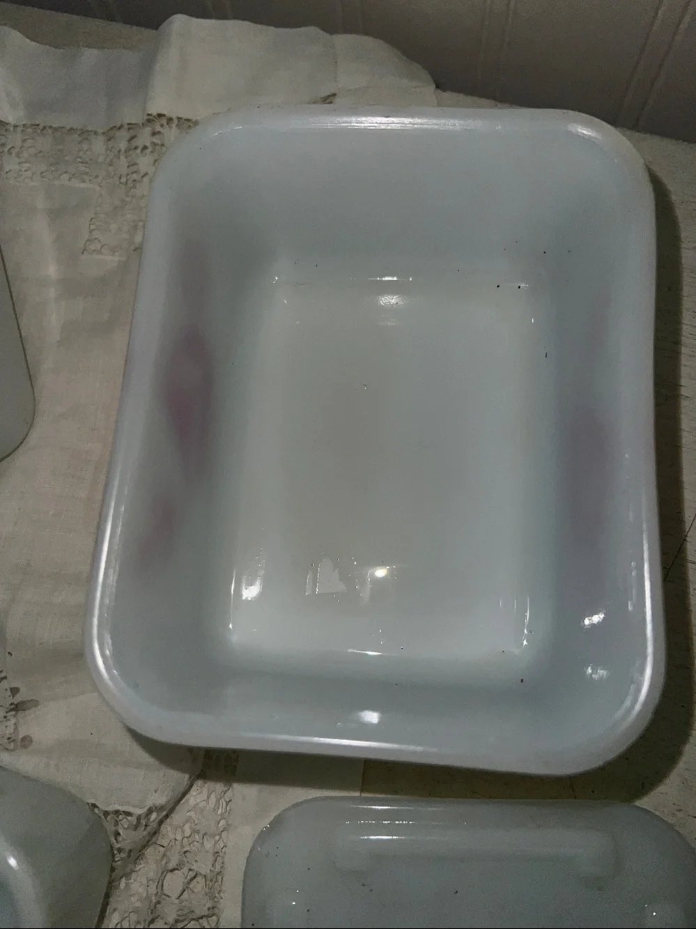 Set Vintage McKee milk glass red ship casserole & small refrigerator dishes